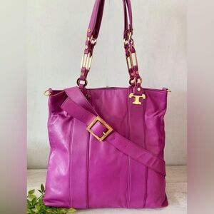 TORY BURCH DEEP PURPLE FUCHSIA LARGE NICO SHOULDER CROSSBODY LEATHER BAG